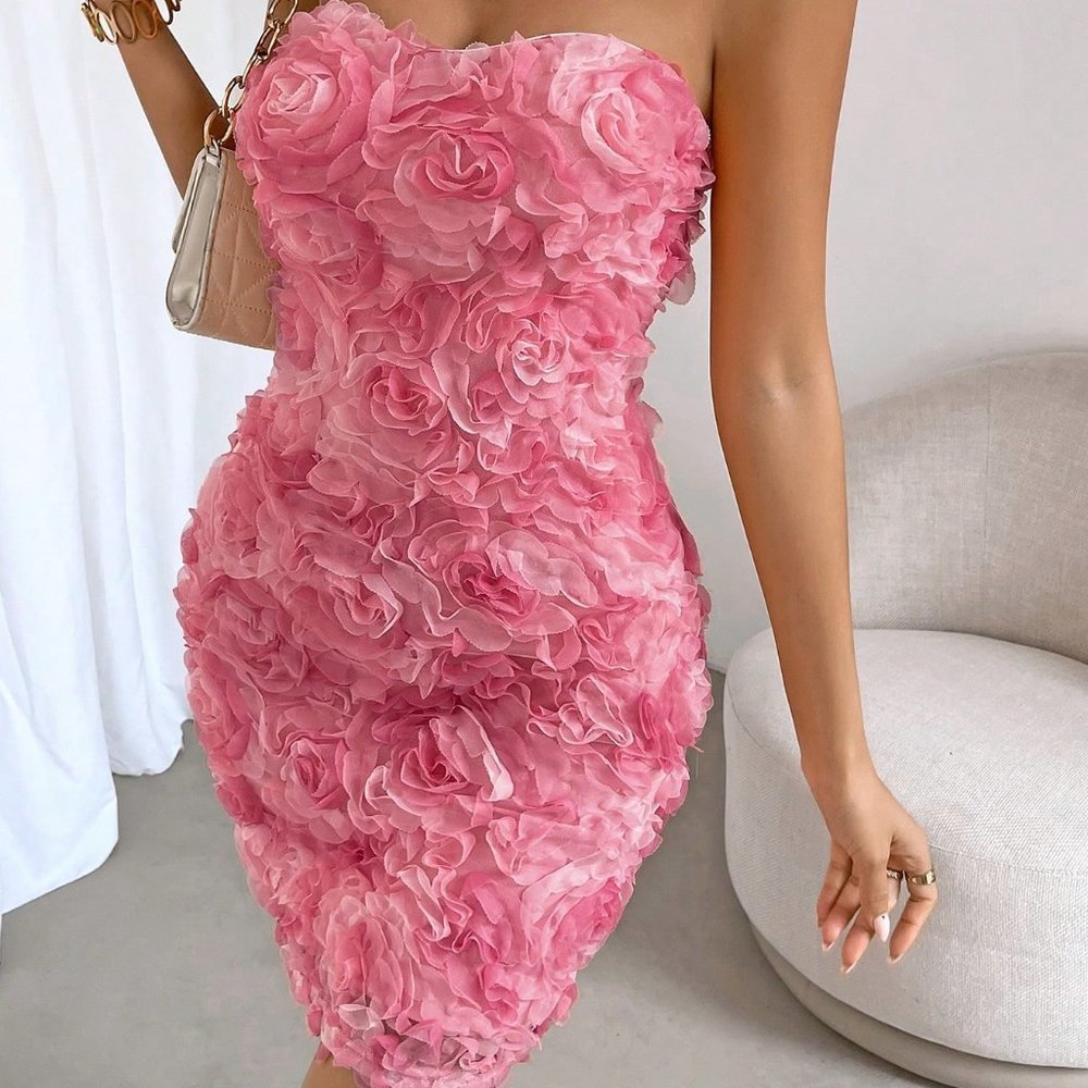 Pink Preppy Womens Floral Appliques Tube Bodycon Dress - Picture 3 of 8